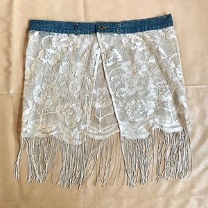 XL Denim Lace Tassel Cowgirl Boho 90s Mini Skirt